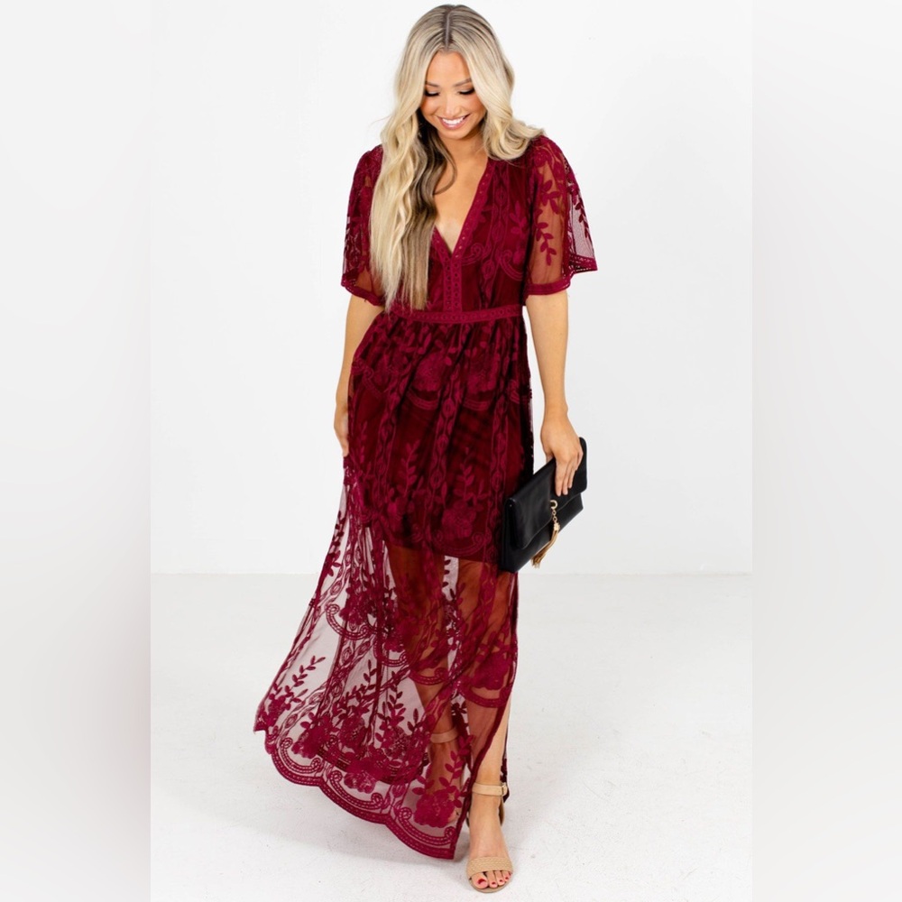 Bella Ella Haute Monde Light My Fire Dark Red Lace Maxi Dress